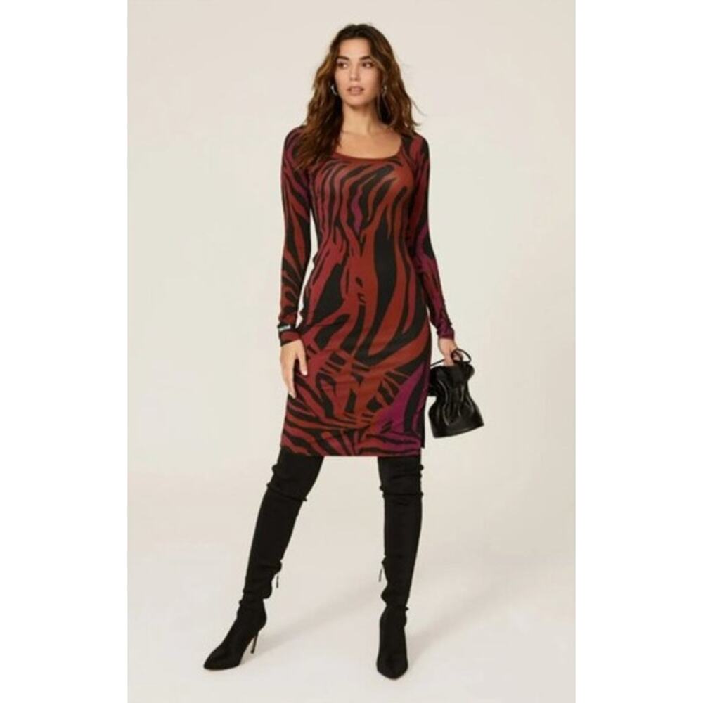 Koche Zebra Stripes Dress Jersey Long Sleeve Mesh Back Mini Sheath Red Black L